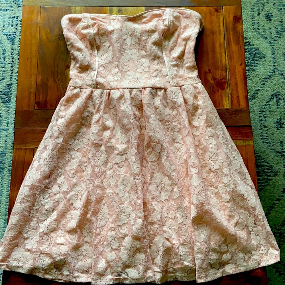 Strapless cream/peach dress with floral design
